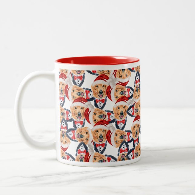 Funny Golden Retriever Santa Hat Christmas Pattern Two-Tone Coffee Mug (Left)