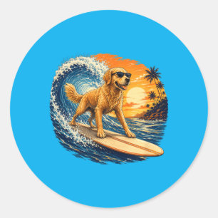Funny Golden Retriever Surfing Beach Sunset Dog Classic Round Sticker