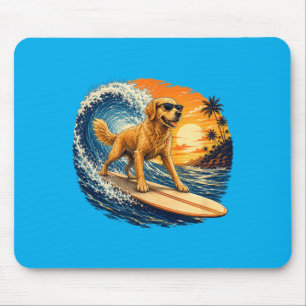 Funny Golden Retriever Surfing Beach Sunset Dog Mouse Pad
