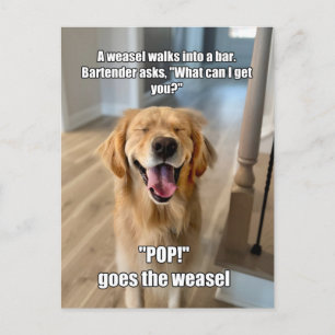 Funny Golden Retriever Weasel Bartender Joke Meme Postcard