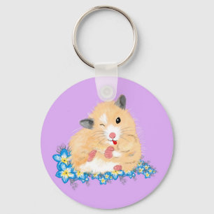 Funny Golden Syrian hamster sitting in flowers Key Ring