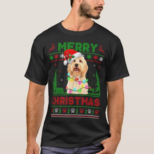 Funny Goldendoodle Dog Tree Christmas Lights Xmas  T-Shirt (Front)