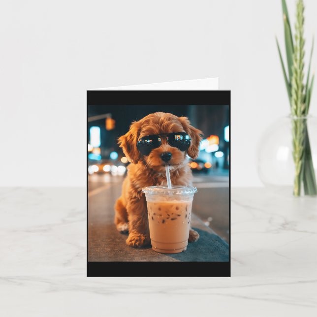 Funny goldendoodle drinking iced coffee animal card (Front)