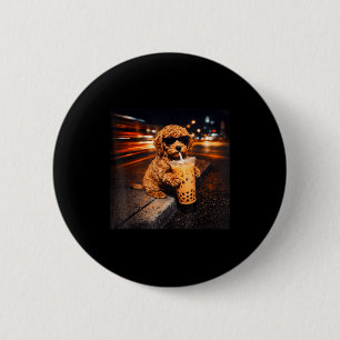Funny goldendoodle drinking iced coffee animal mem 6 cm round badge