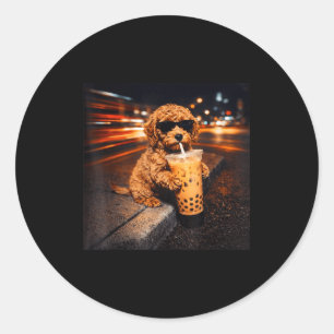 Funny goldendoodle drinking iced coffee animal mem classic round sticker