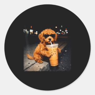 Funny goldendoodle drinking iced coffee animal mem classic round sticker