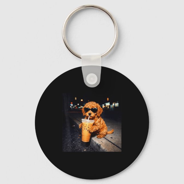 Funny goldendoodle drinking iced coffee animal mem key ring (Front)
