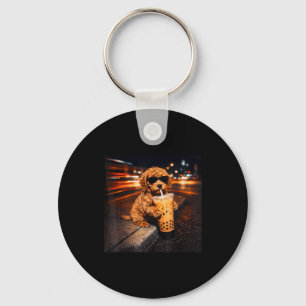 Funny goldendoodle drinking iced coffee animal mem key ring