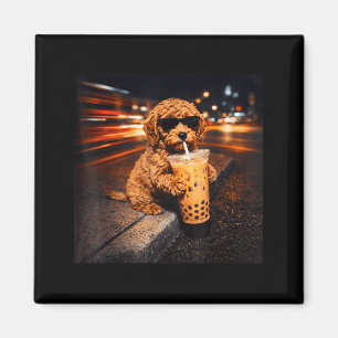 Funny goldendoodle drinking iced coffee animal mem magnet