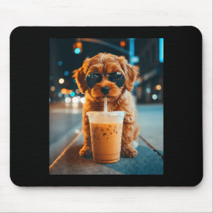 Funny goldendoodle drinking iced coffee animal mem mouse pad