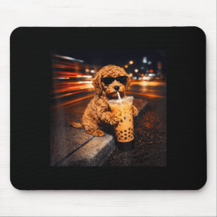Funny goldendoodle drinking iced coffee animal mem mouse pad