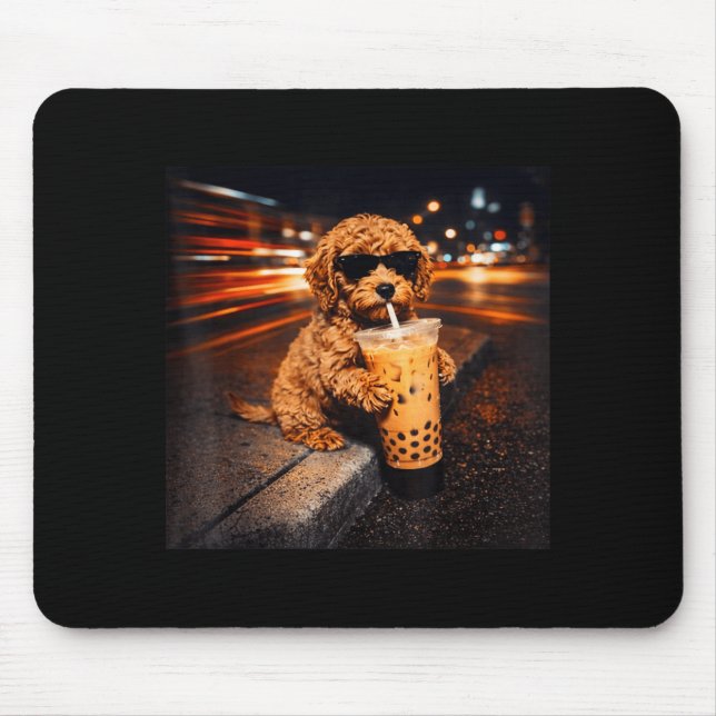Funny goldendoodle drinking iced coffee animal mem mouse pad (Front)