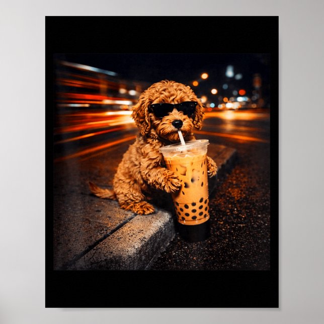 Funny goldendoodle drinking iced coffee animal mem poster (Front)