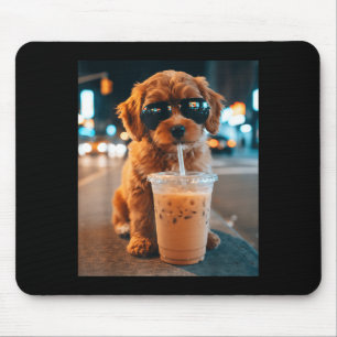 Funny goldendoodle drinking iced coffee animal mouse pad