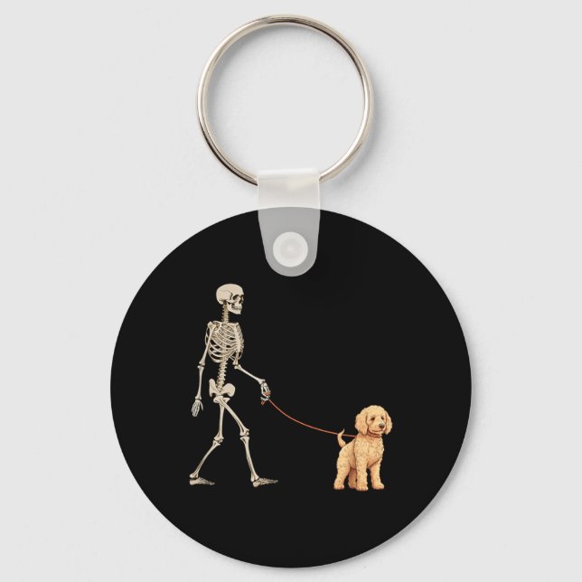 Funny Goldendoodle Skeleton Dog Walking Halloween Key Ring (Front)