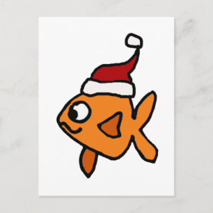 Funny Goldfish in Santa Hat Christmas Art Holiday Postcard
