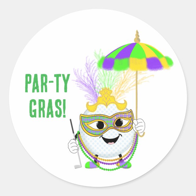 Funny Golf Ball Celebrating Mardi Gras  Classic Round Sticker (Front)