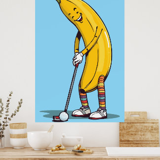 Funny Golf Banana Character Swinging Club  Poster
