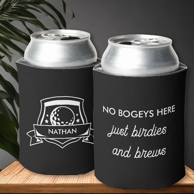 Funny Golf Bogey Birdies and Brews Personalised Can Cooler (Personalized can cooler with funny golf slogan and simple modern, typography design.)
