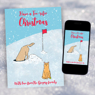 Funny Golf Cat Golden Retriever Cartoon Christmas  Holiday Card