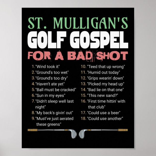 Funny Golf St.mulligan's Excuses For A Bad Shot Fu Poster (Front)