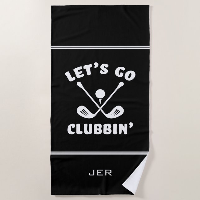 Funny Golfer Humour Monogram Black Beach Towel (Front)