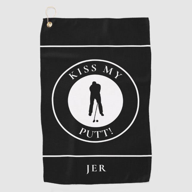 Funny Golfer Putt Humour Modern Monogram Mens Blac Golf Towel (Front)