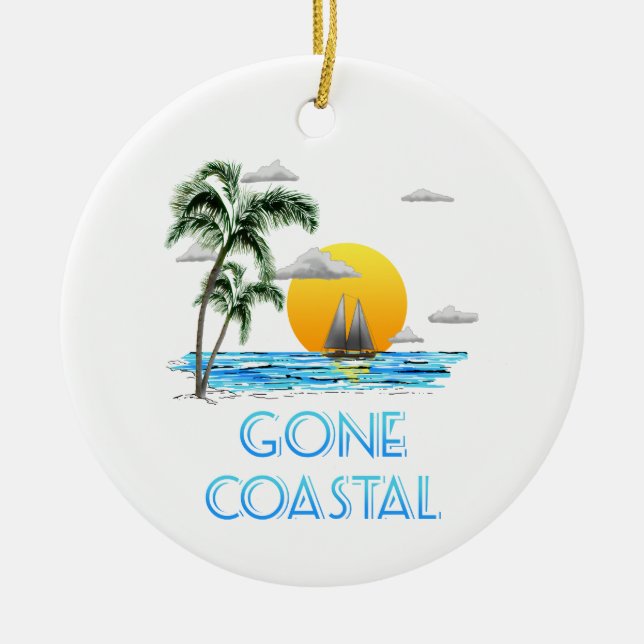 Funny Gone Coastal Nautical Sailing Sunset Ceramic Ornament (Front)