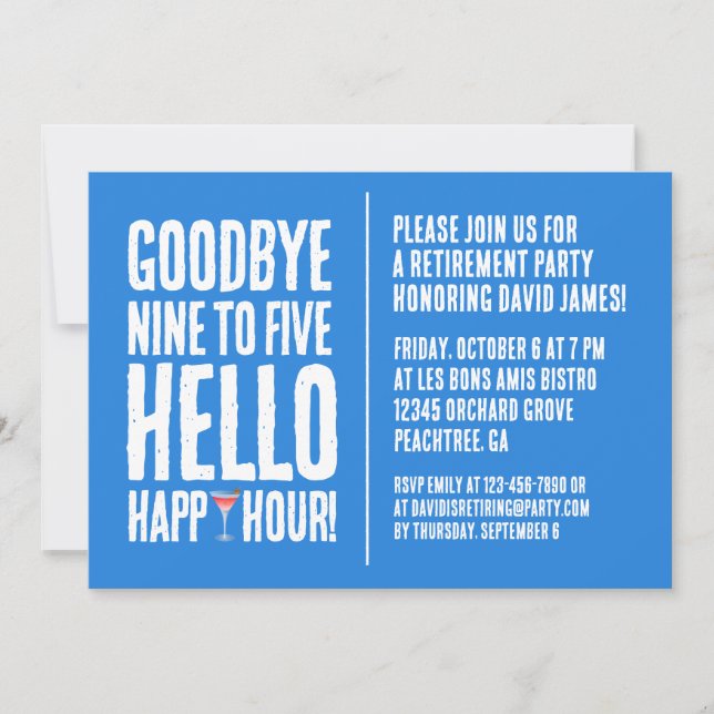 Funny Goodbye 9 to 5 Hello Happy Hour Retirement Invitation (Front)