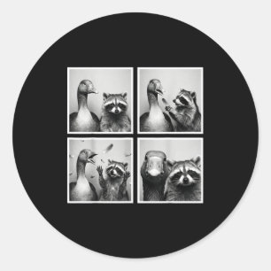 Funny goose and racoon photobooth friends chaos classic round sticker