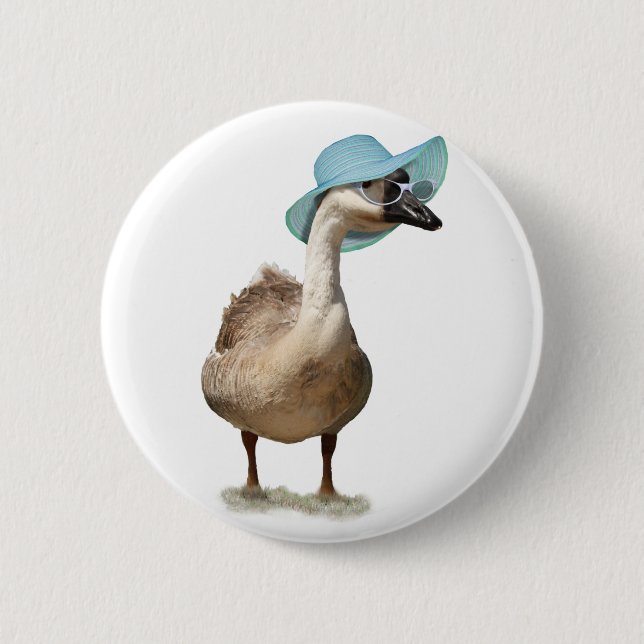 Funny Goose with Summer Hat 6 Cm Round Badge (Front)