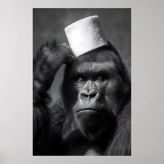 Funny Gorilla Bathroom Art Print, Toilet Paper Hat Poster (Front)