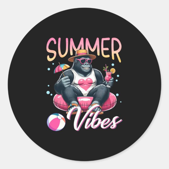 Funny gorilla swimming float summer vibes beach classic round sticker (Front)