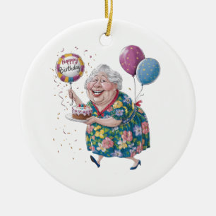 Funny Grandma Bday Cake And Balloon Ceramic Ornament