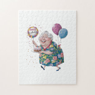 Funny Grandma Bday Cake And Balloon Jigsaw Puzzle