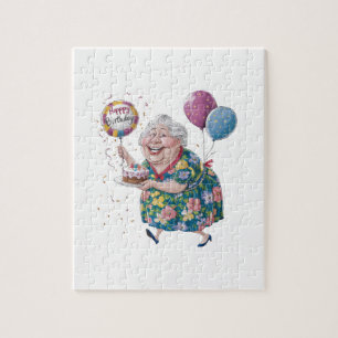 Funny Grandma Bday Cake And Balloon Jigsaw Puzzle