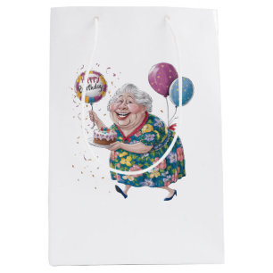 Funny Grandma Bday Cake And Balloon Medium Gift Bag