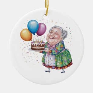 Funny Grandma Floral Apron Bday Art Ceramic Ornament