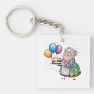 Funny Grandma Floral Apron Bday Art Key Ring