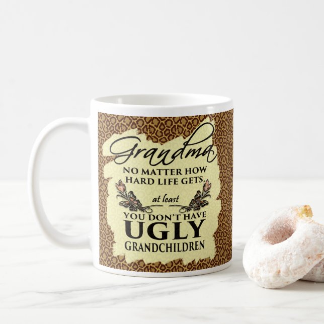 Funny Grandma Gift | No Ugly Grandchildren Cheetah Coffee Mug (With Donut)