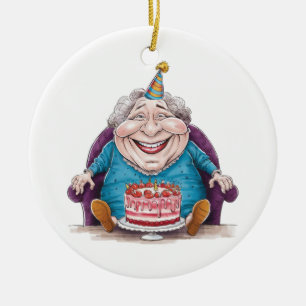 Funny Grandma Huge Cake & Cash Gift Ceramic Ornament
