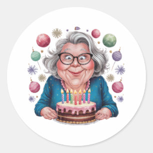 Funny Grandma Staring at Cake Bday Art Classic Round Sticker