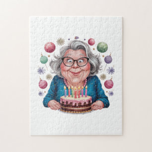 Funny Grandma Staring at Cake Bday Art Jigsaw Puzzle