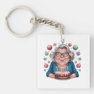Funny Grandma Staring at Cake Bday Art Key Ring