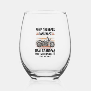 Funny Grandpa Motorcycle Vintage Engraving T-Shirt Stemless Wine Glass