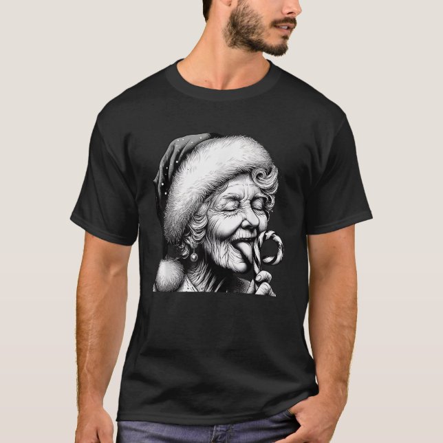 Funny Granny Nana Licking Candy Cane Grandma Chris T-Shirt (Front)