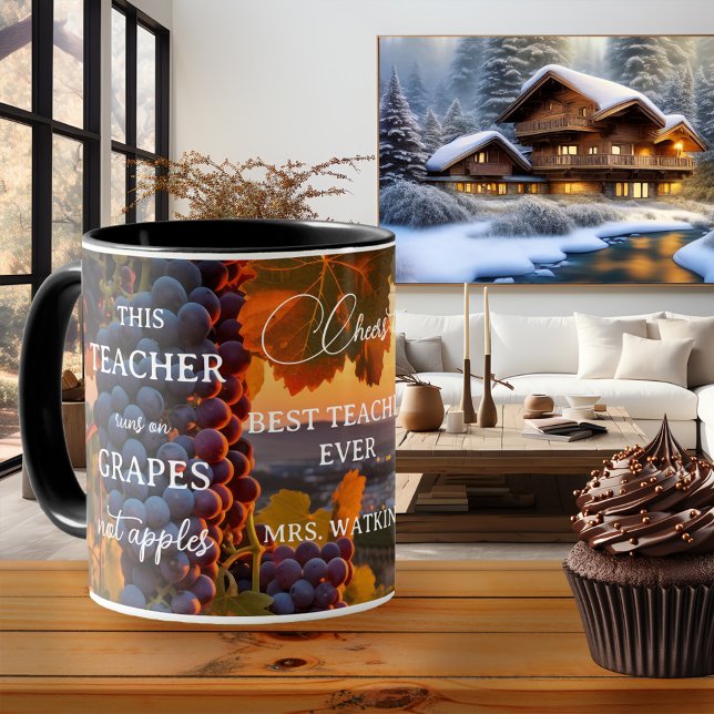 Funny Grapes Teacher Appreciation Mug (Colorful teacher mug featuring a landscape scene at sunset with grapes, not apples)