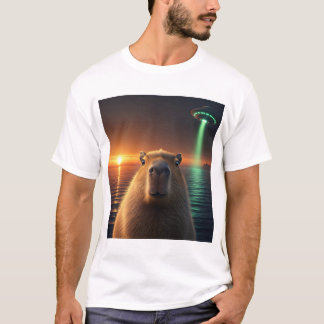 funny graphic capybara selfie with UFO weird T-Shirt