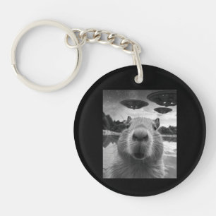 Funny Graphic Capybara Selfie with UFOs Weird Key Ring