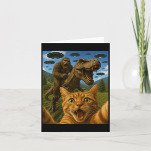 Funny Graphic Cat Selfie With Bigfoot Riding T-rex Card